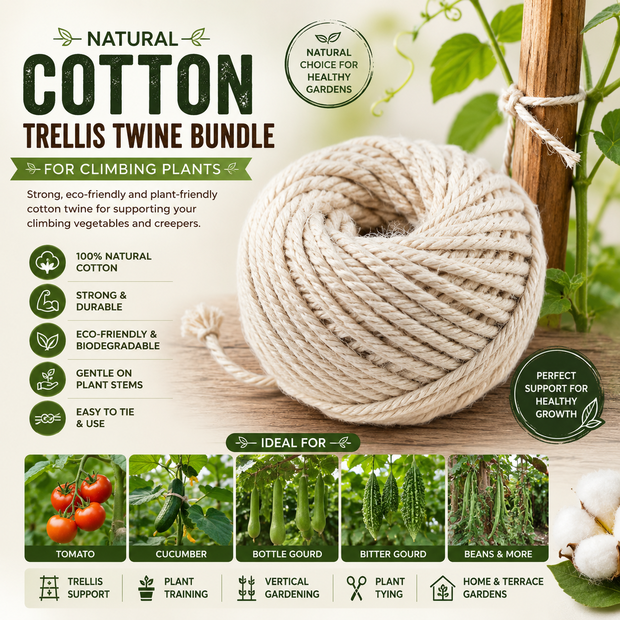 Natural Cotton Trellis Twine Bundle for Climbing Plants 10Mts | Eco-Friendly Garden Support Thread