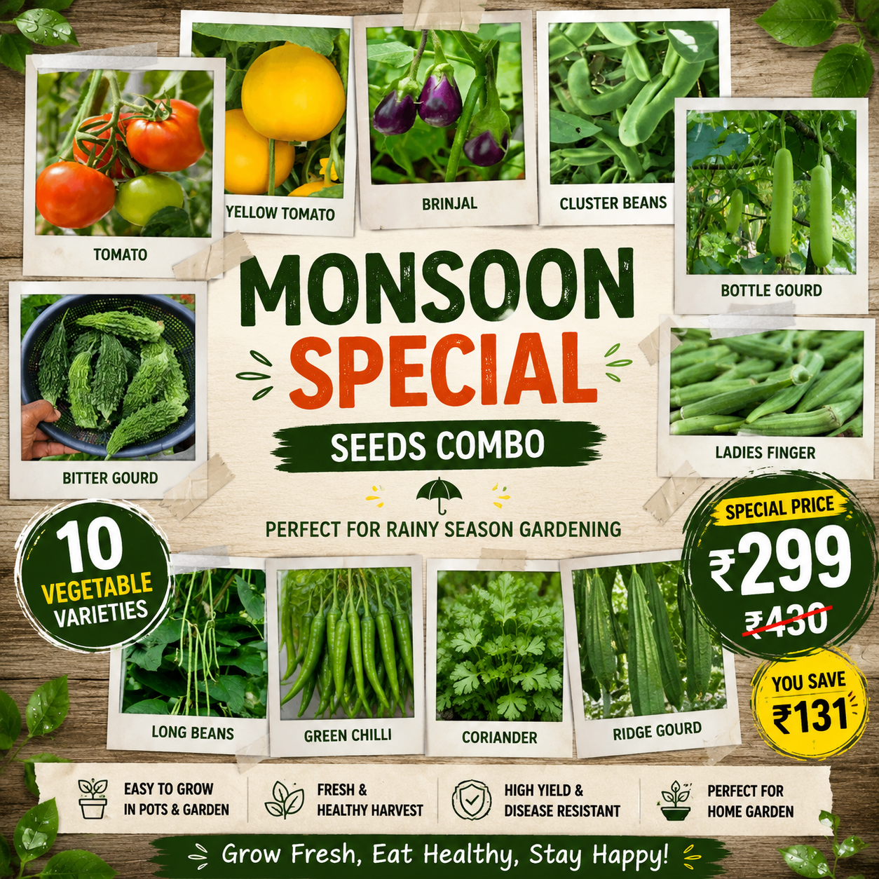 Monsoon Special Vegetable Seeds Combo – 10 Rainy Season Seeds for Home Garden