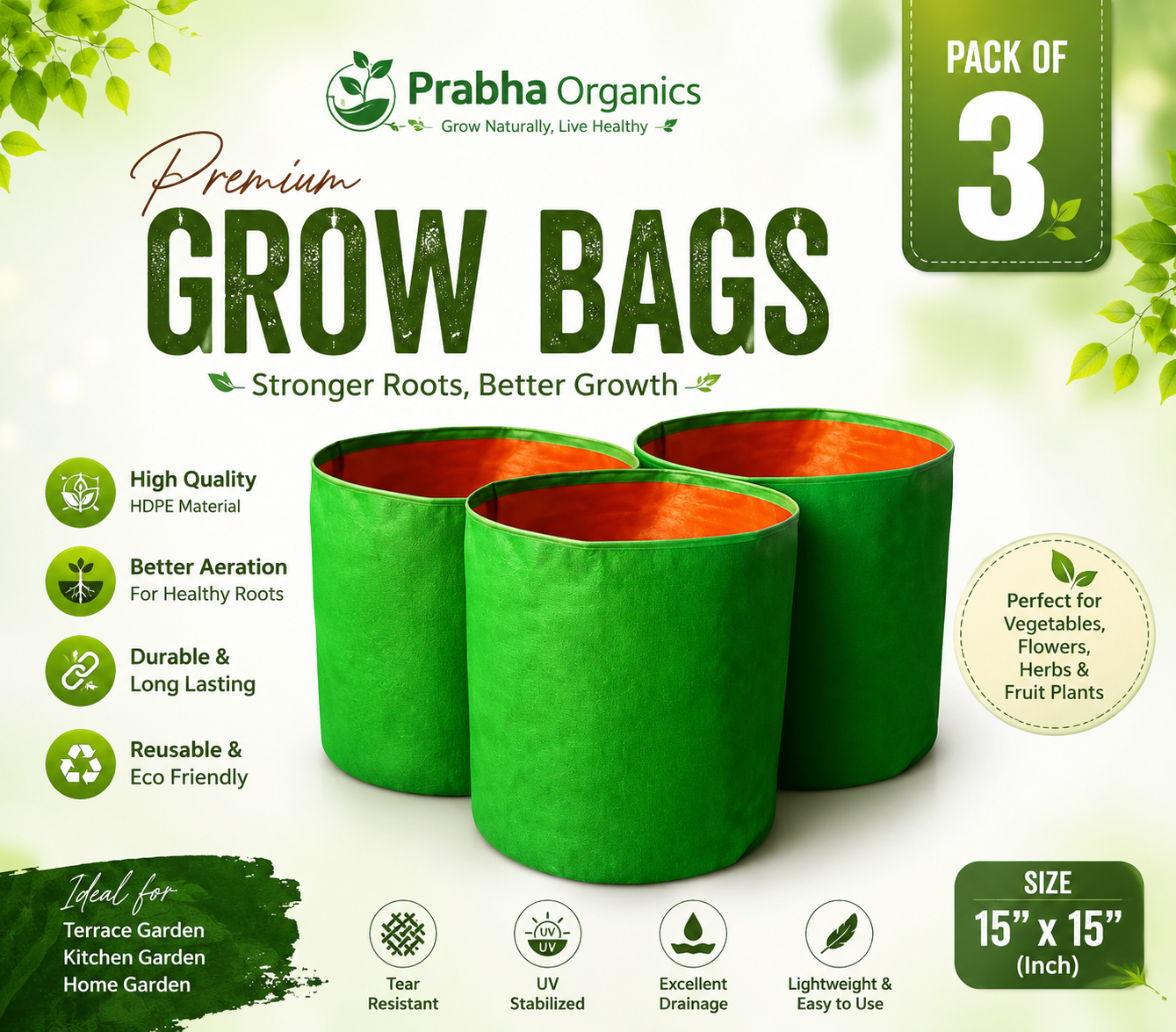 15X15 Grow Bag -220 GSM (Pack of 3)