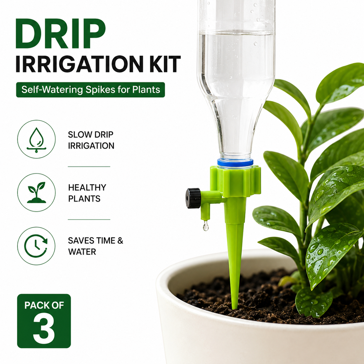 Drip Irrigation Kit for Home Garden | Self-Watering Plant Spikes | Automatic Watering Device | Adjustable Water Flow | Pack of 3