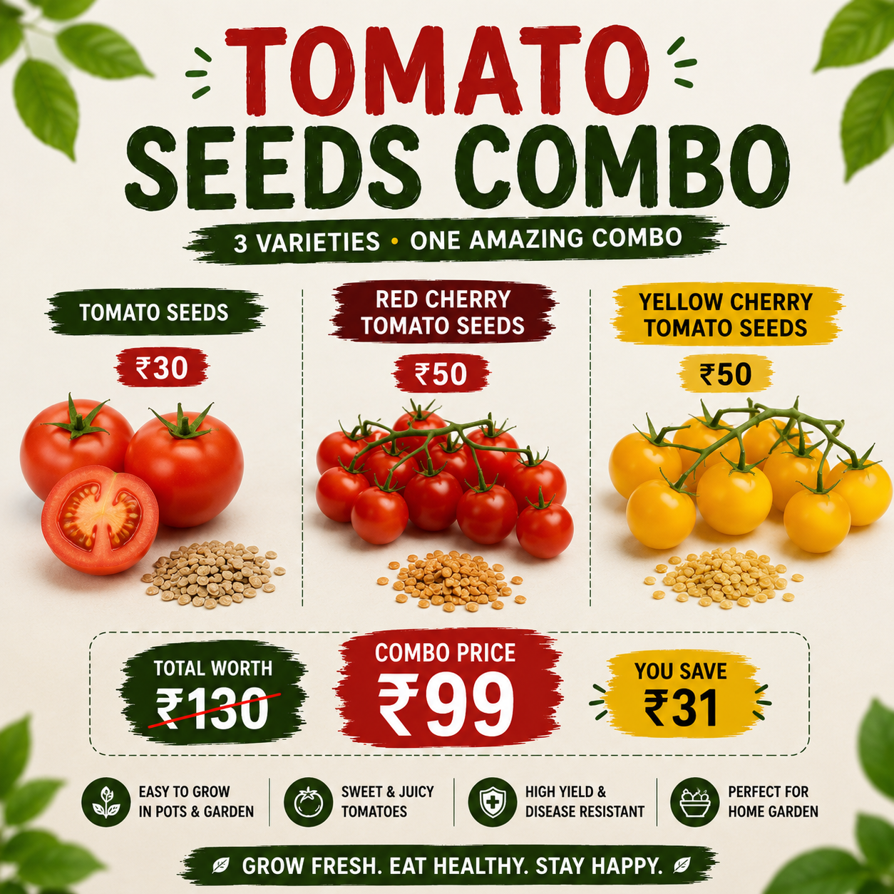 Tomato Seeds Combo – Red Cherry, Yellow Cherry & Tomato Seeds for Home Garden