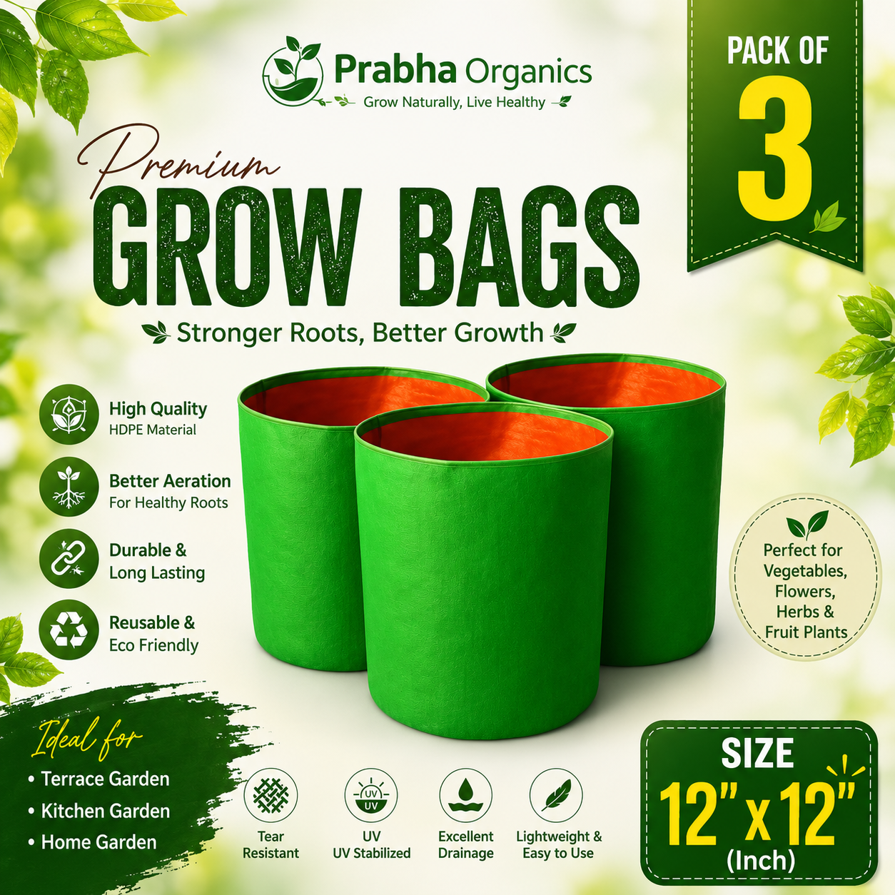 12 X 12 Grow bags - 220 Gsm (Pack of 3)