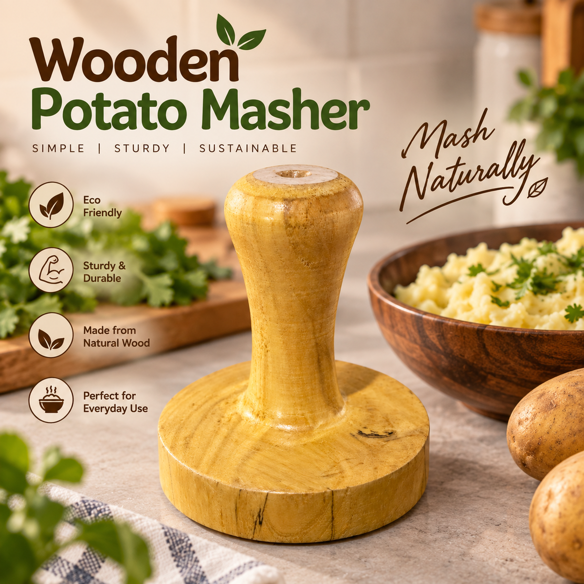 Wooden Potato Masher | Natural Wood Kitchen Tool