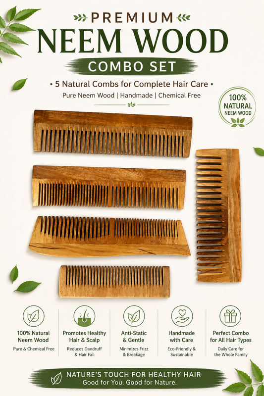 Neem Wooden Comb Combo Pack of 5 | 100% Natural Anti-Static Hair Combs